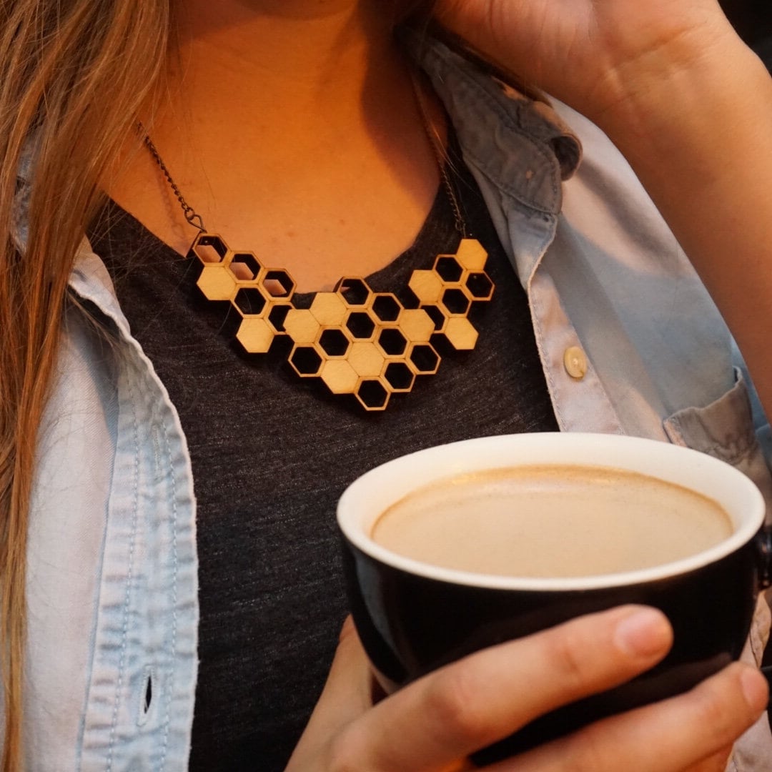 Honeycomb Statement Necklace- Wooden Laser Cut Necklace || Modern Geometric Jewelry
