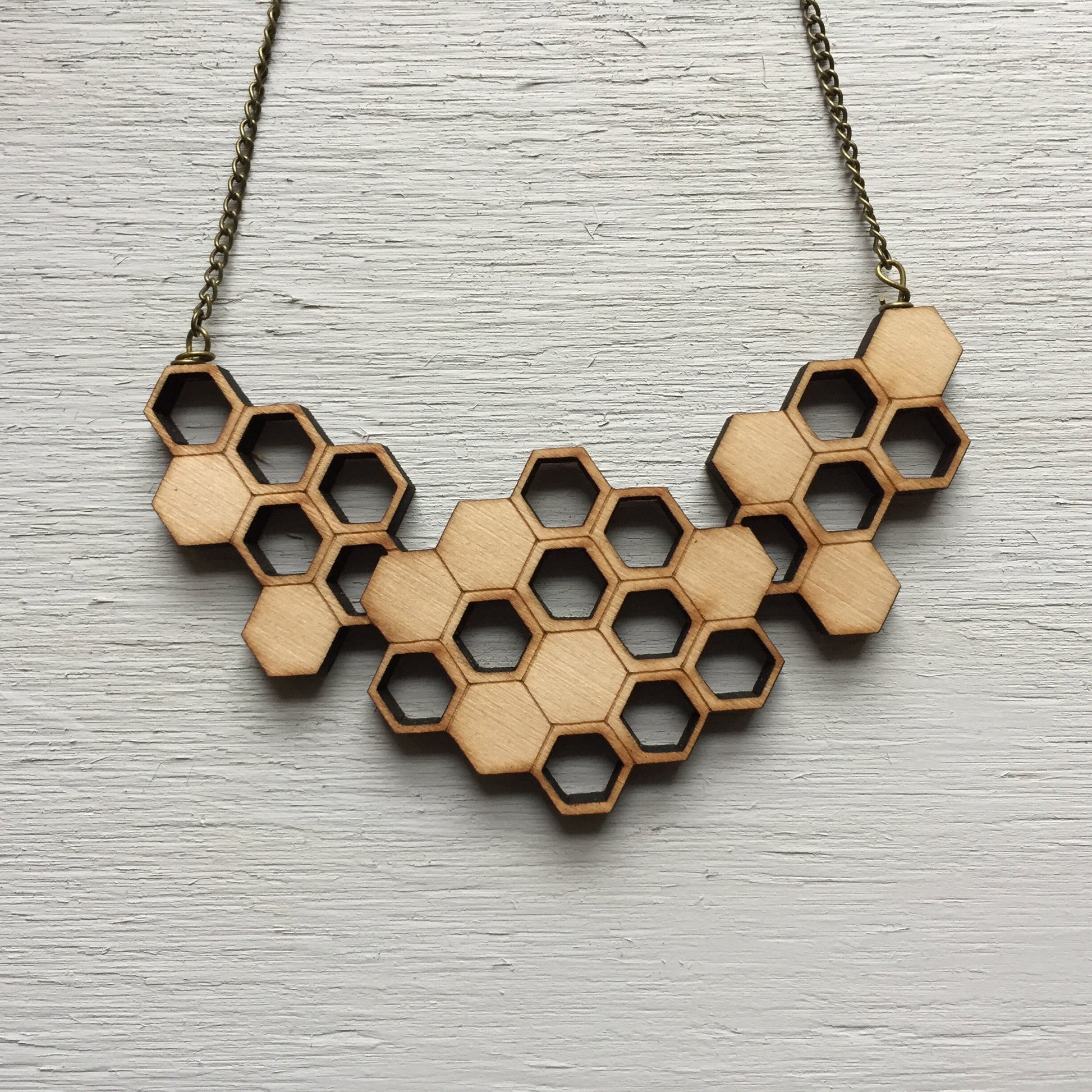 Honeycomb Statement Necklace- Wooden Laser Cut Necklace || Modern Geometric Jewelry