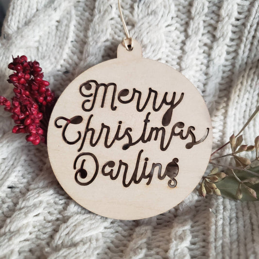 Merry Christmas Darling Wooden Ornament - Holiday Wine Tag