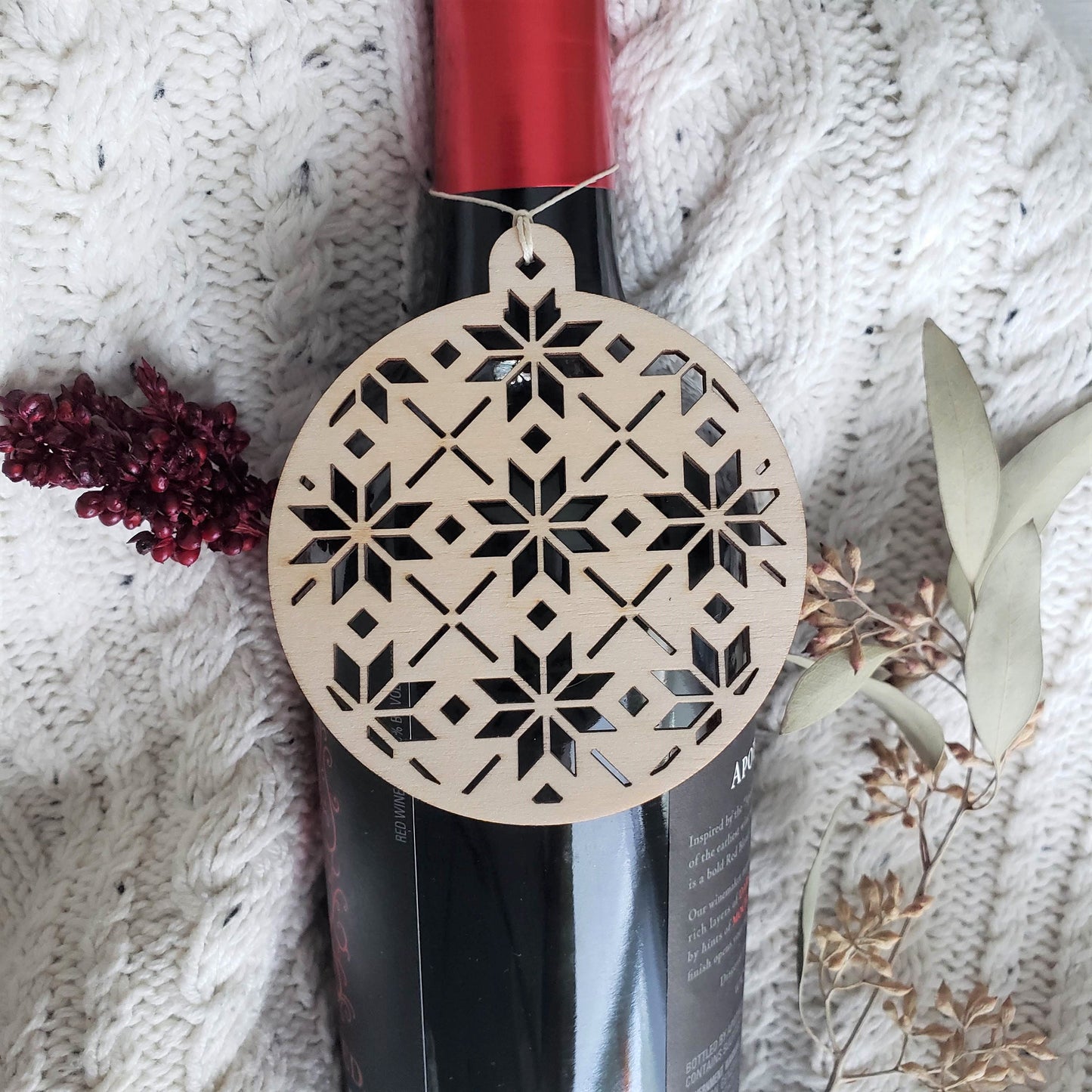 Poinsettia Ornament - Wooden Christmas Tree Ornament - Holiday Wine Tag