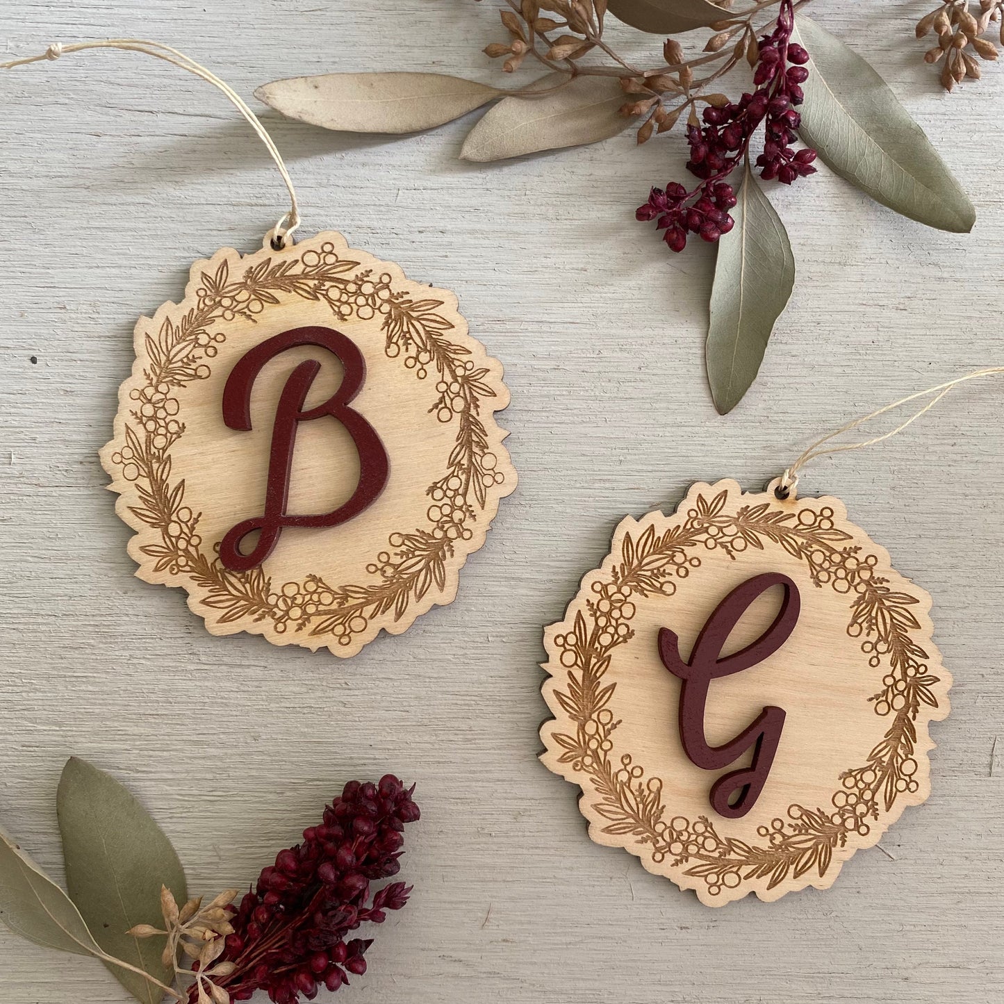 Monogram Christmas Wreath Ornament | Personalized Stocking Tag | Wooden Initial Gift Tag | Laser Cut Wine Hanger Hostess Gift