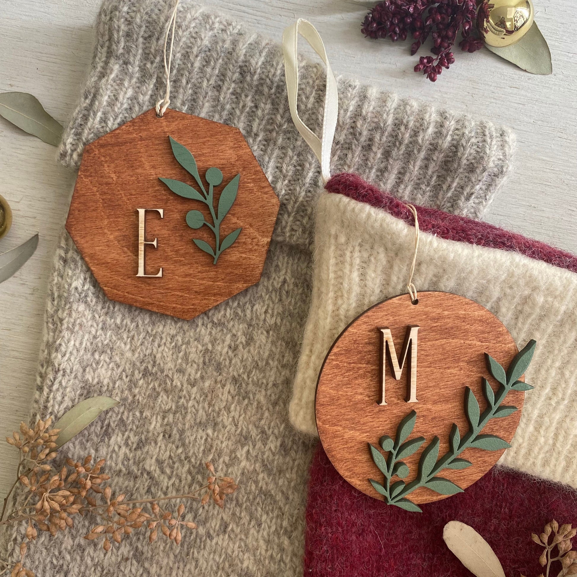 Monogram Christmas Ornament | Personalized Stocking Tag | Wooden Initial Gift Tag | Laser Cut Wine Hanger Hostess Gift