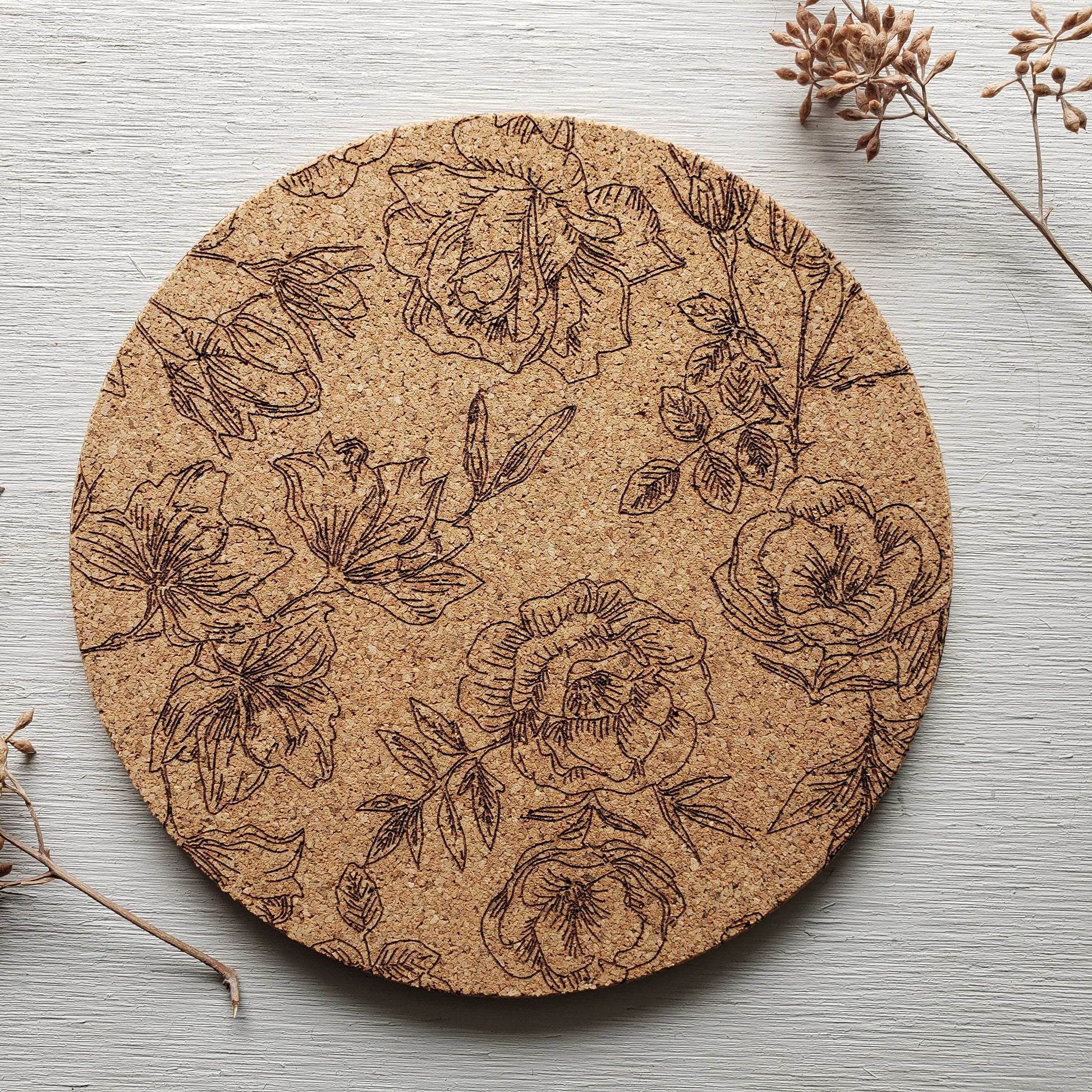 Floral Trivet || Laser Engraved Cork Trivet || Floral Home Decor || Housewarming Gift